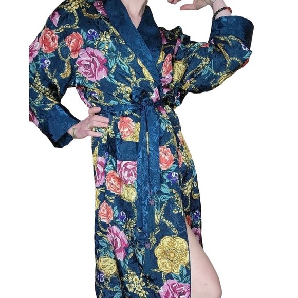 Vintage VICTORIA’S SECRET 80s Gold Label Floral & Tassel Blue Robe Size Small - Picture 1 of 13
